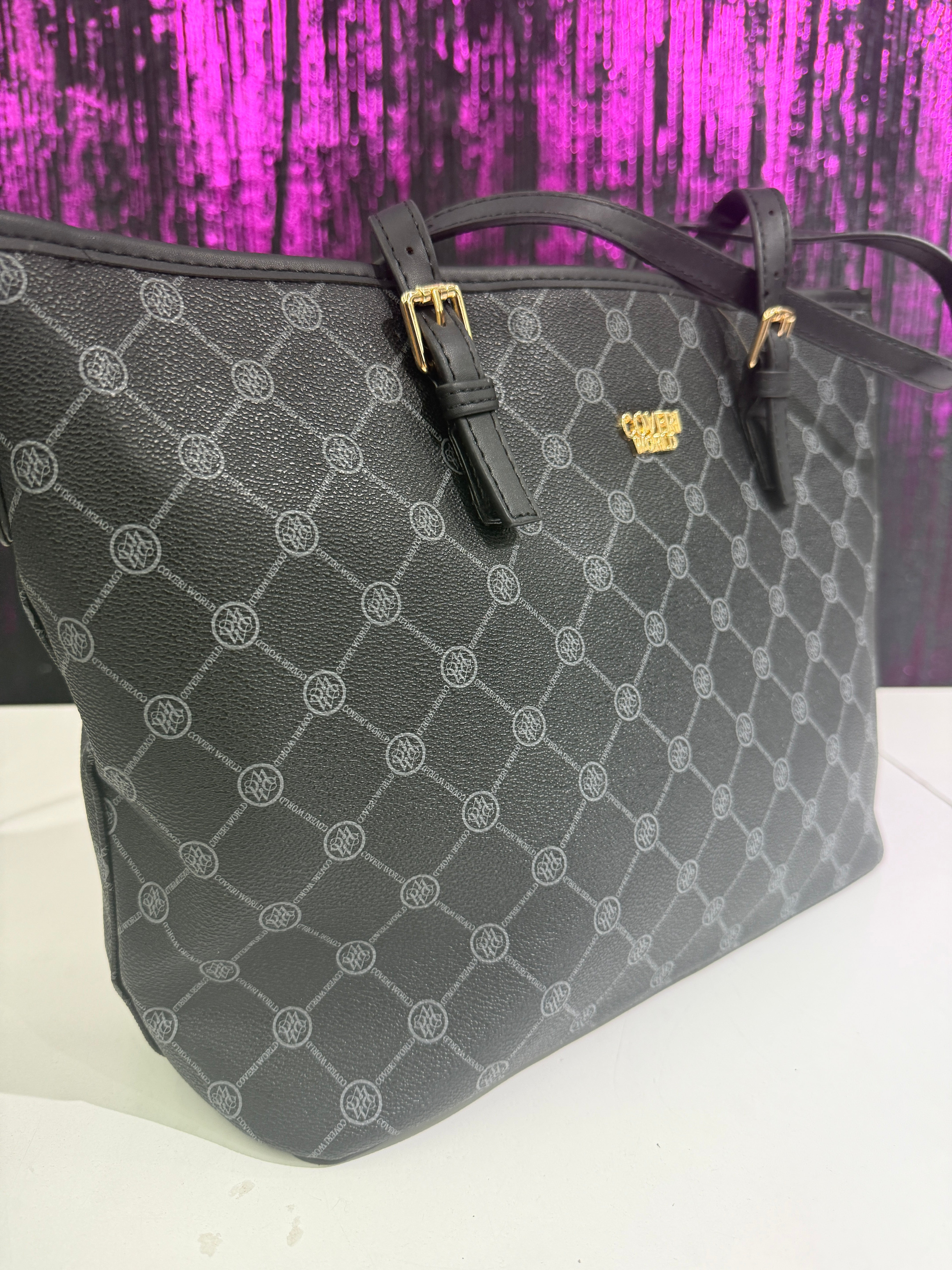 Borsa Shopper Nera con Stampa Monogram