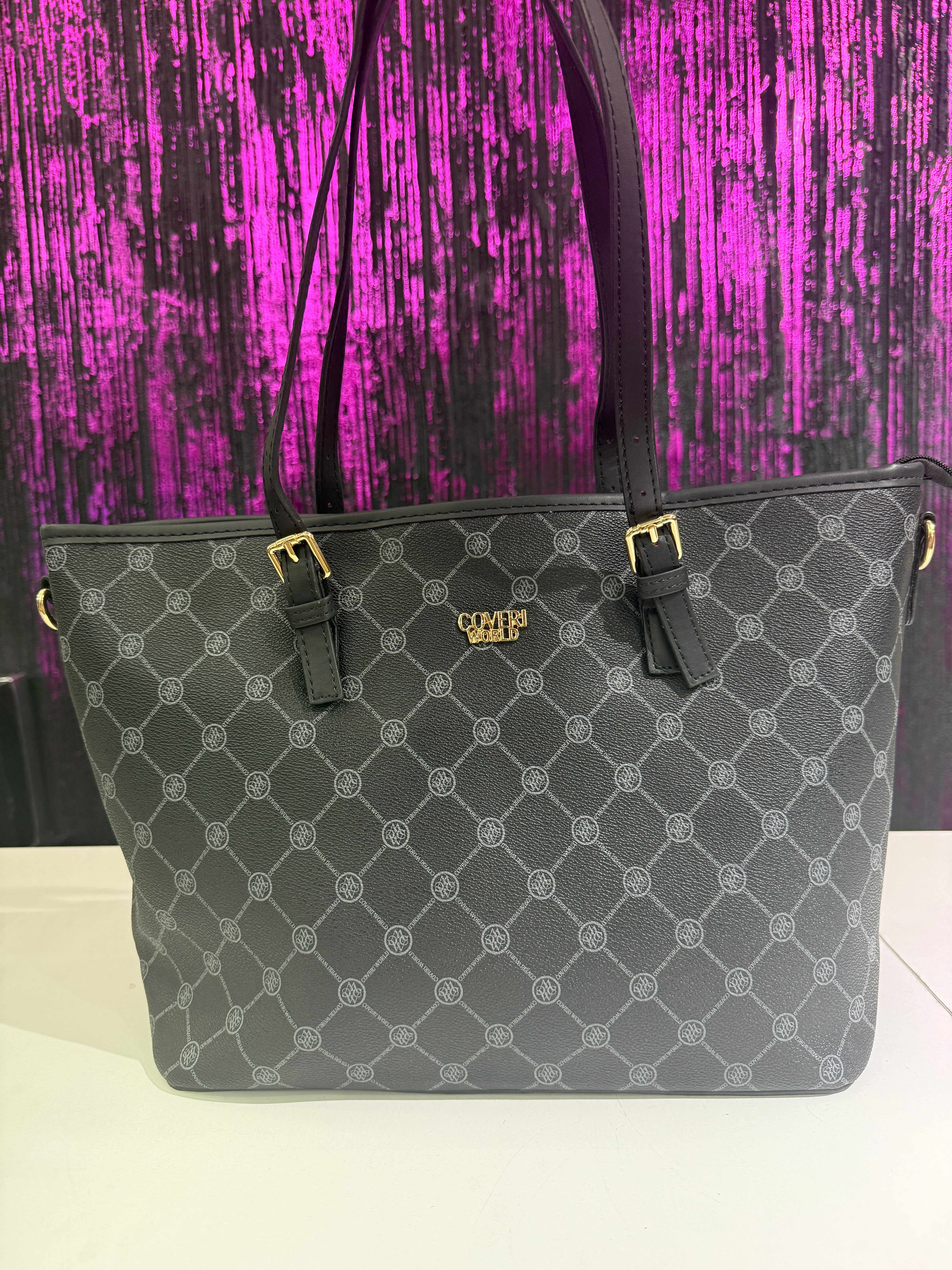 Borsa Shopper Nera con Stampa Monogram