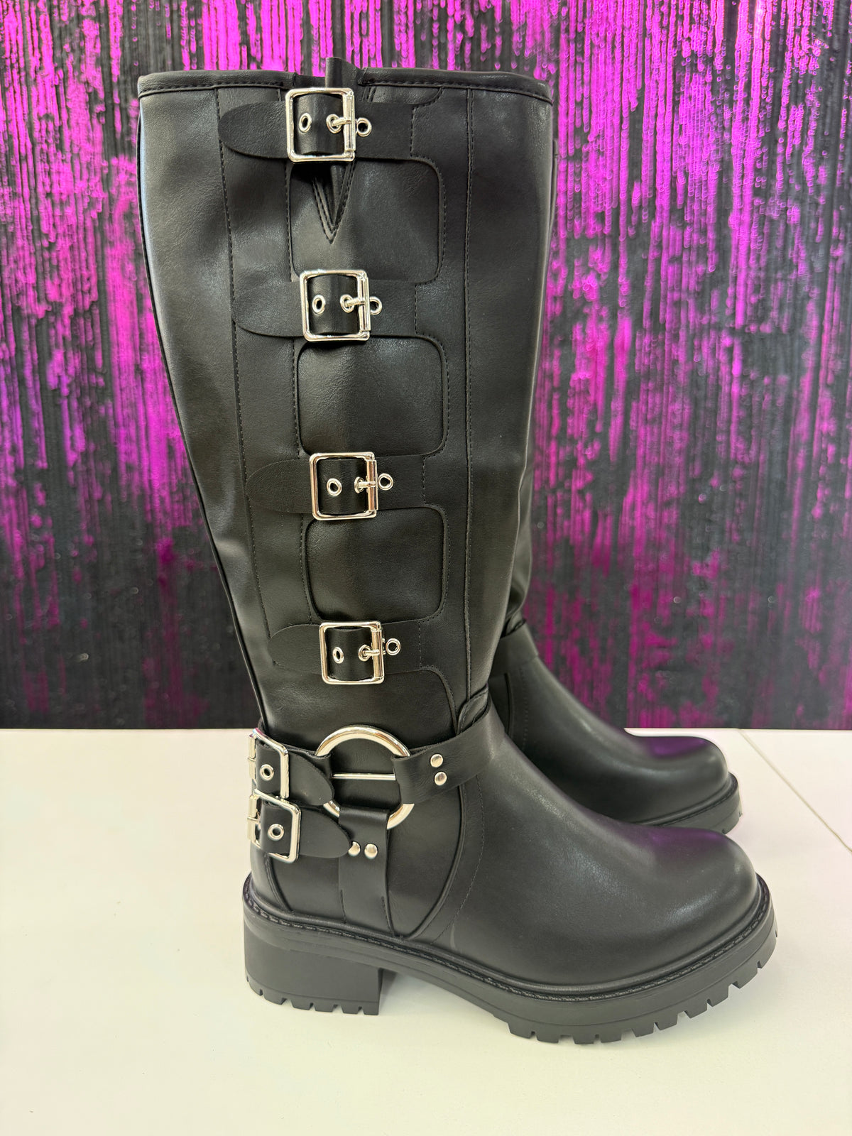 Stivali biker alti in similpelle nera